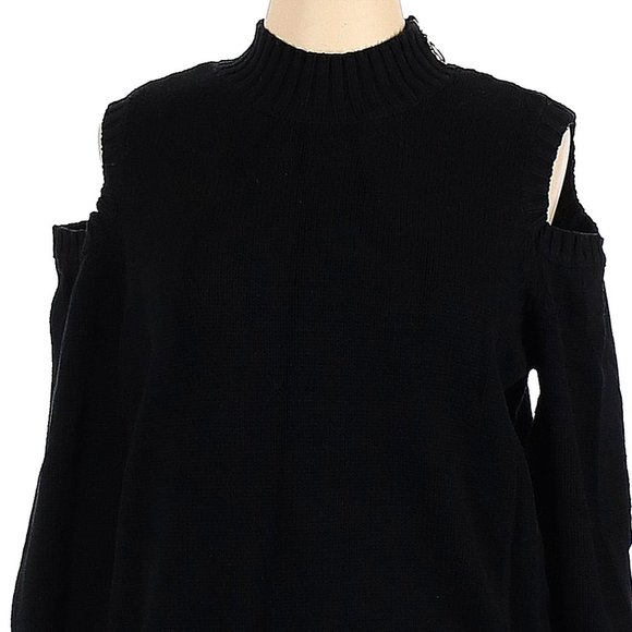 SUSAN GRAVER Black Gold-Zip Cold Shoulder Cotton Blend Pullover Sweater Size L - Picture 2 of 5
